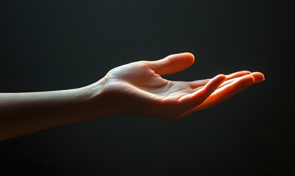 Outstretched hand with dramatic lighting on a dark background, Generative AI 