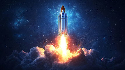 space rocket launches with a burst of flames against the night sky, symbolizing ambition, progress, and the power of human ingenuity