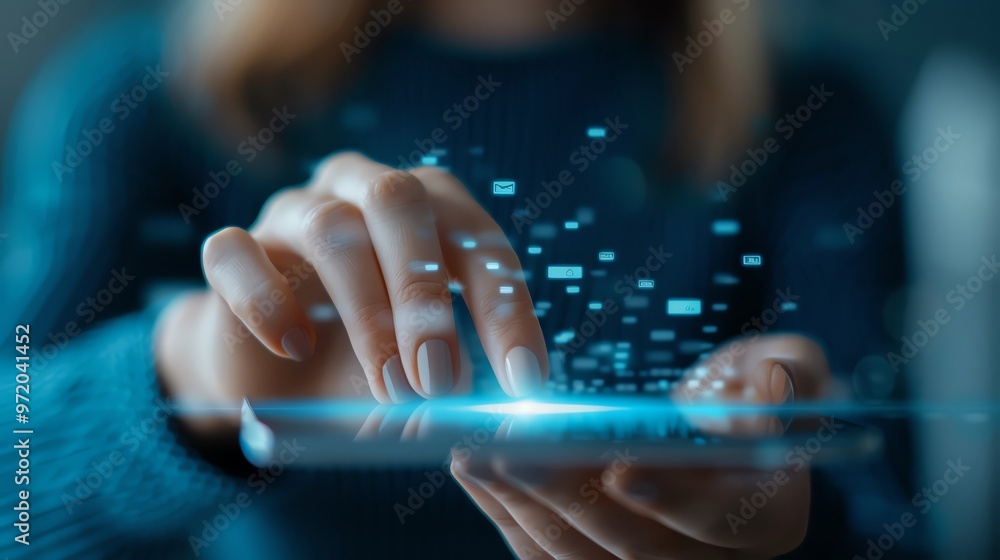 Poster a close-up of a person interacting with a smartphone, showcasing elegant fingers tapping on a digita