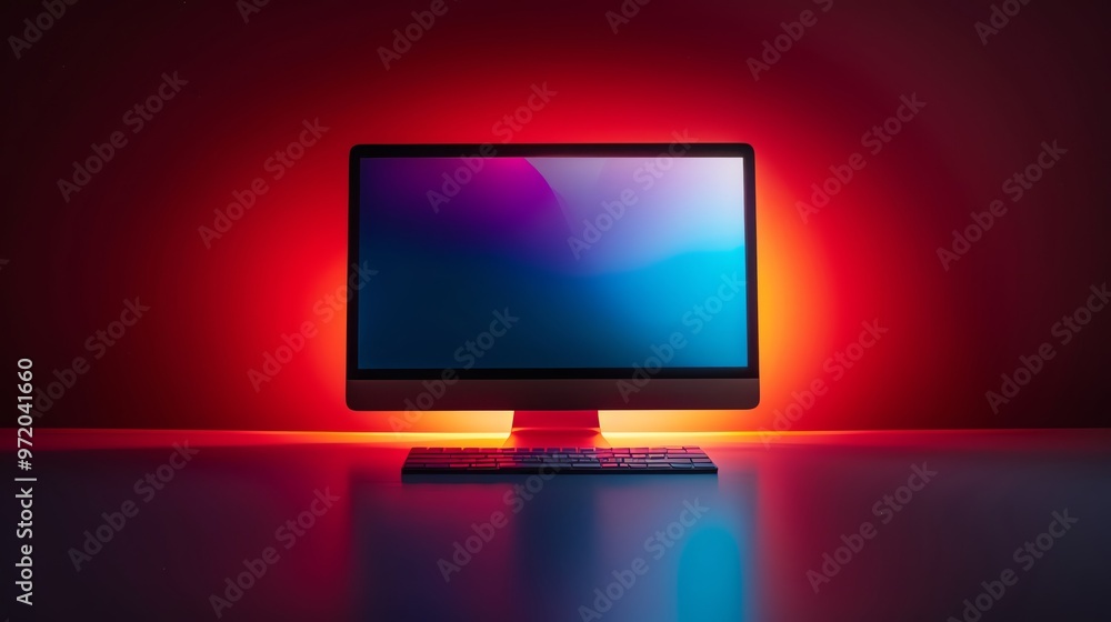 Poster a sleek computer monitor illuminated with colorful backlighting, perfect for showcasing modern techn