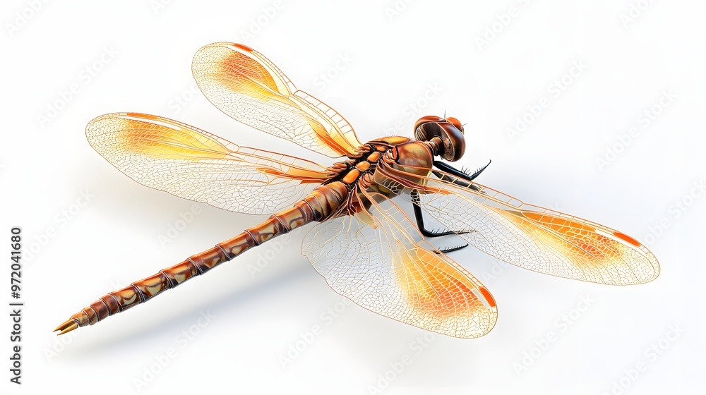 Poster 38. a realistic 3d render of an orange dragonfly with intricate wing patterns, isolated on a pristin