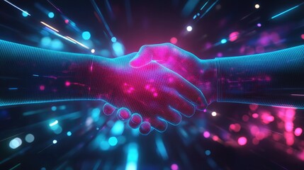 Two glowing hands shaking in a futuristic digital world.