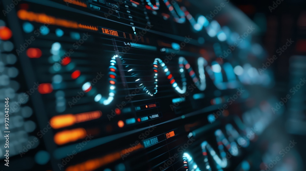 Poster abstract digital waveforms illuminated with vibrant blue and orange colors, representing technology 