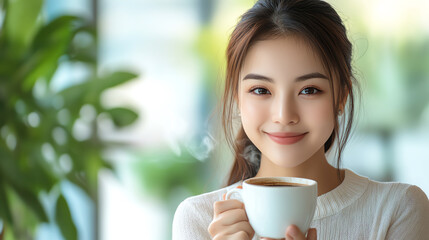 Happy Asian woman in a modern office, holding a steaming cup of coffee, bright and inviting workspace, coffee lover s perfect break, balancing work and passion
