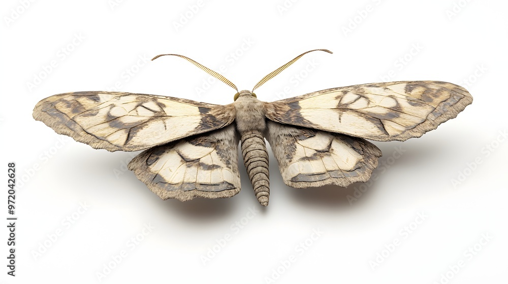 Poster 41. a realistic 3d render of a moth with intricate wing designs, isolated on a pristine white backgr