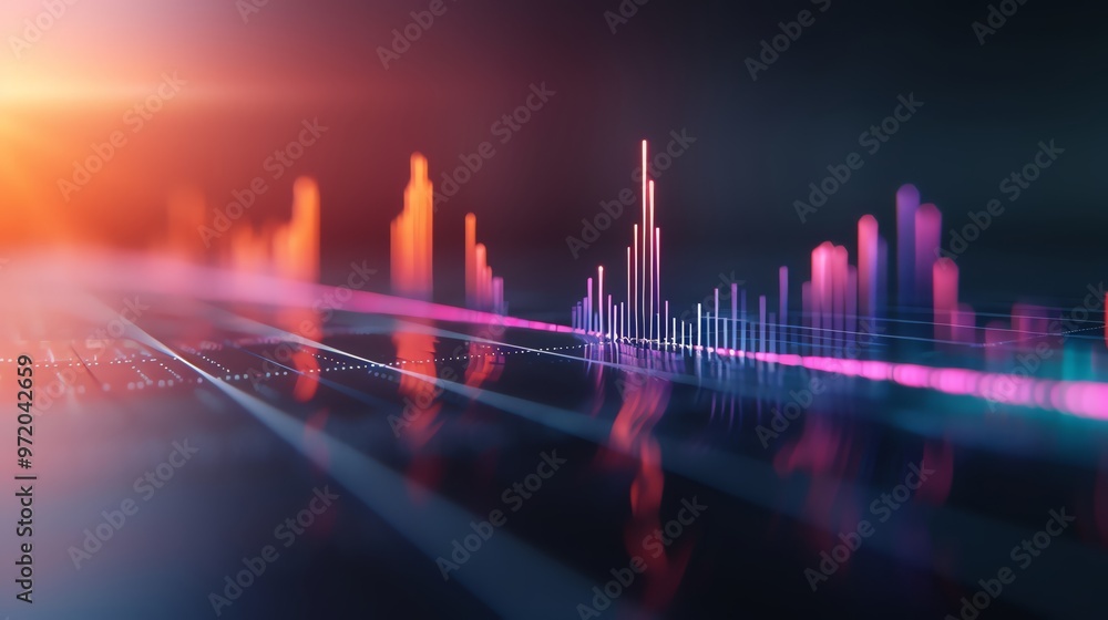 Poster vibrant digital data visualization with colorful bars and lines, representing analysis and technolog