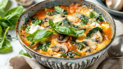 Fresh Vegetable lasagna soup with Mushrooms, Spinach, and Basil