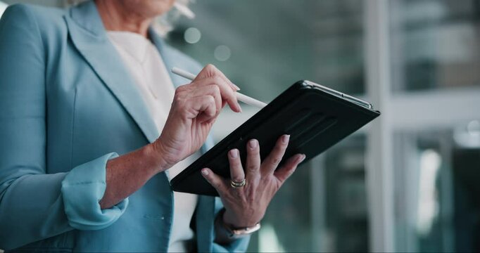 Tablet, hands and scroll with research for medical finance or funding. Office, digital technology and mature clinic administrator for healthcare, hospital director and internet for information