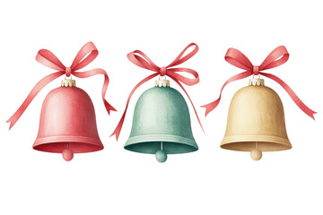Colorful decorative bells with ribbons, perfect for festive celebrations and holiday-themed designs.