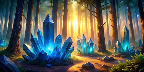 big blue multiple crystal shards in the sunset for the forest