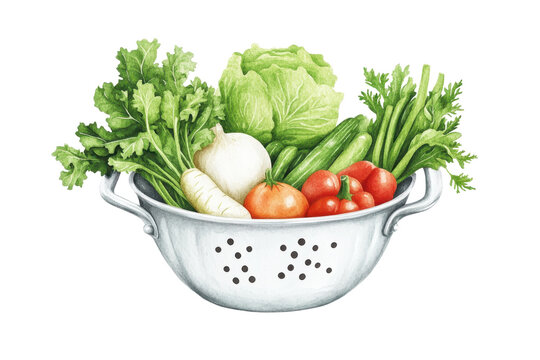 Fresh assortment of vibrant vegetables in a colander, perfect for healthy cooking and culinary presentations.