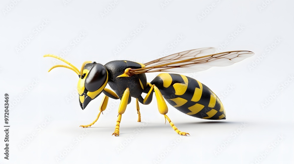 Poster 44. a realistic 3d render of a yellow jacket wasp with visible stripes, isolated on a pristine white