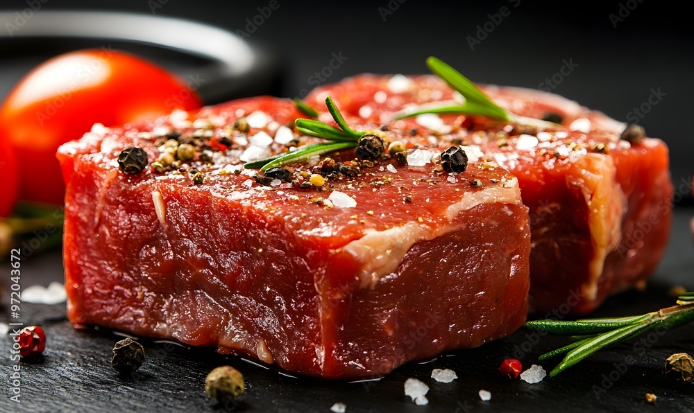 Wall mural raw beef steak seasoned with pepper and salt, generative ai