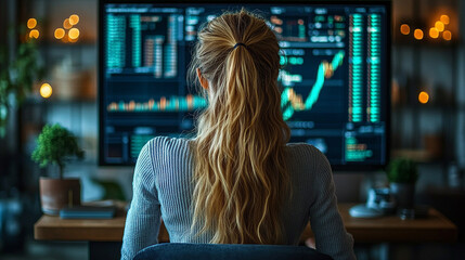 businesswoman in formal attire analyzes financial statements and graphs on her computer screen. The image conveys professionalism, financial analysis, and attention to detail in business