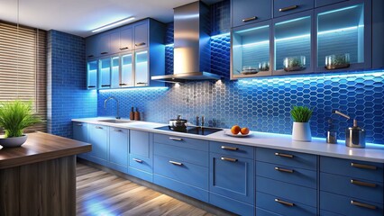 A sleek, LED-lit backsplash in modern blue tile adds a touch of sophistication to the kitchen, perfect for cooking up a culinary masterpiece.