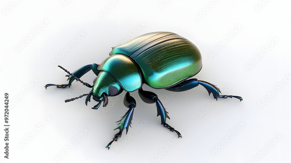 Poster 31. a realistic 3d render of an emerald beetle with a detailed carapace, isolated on a pristine whit