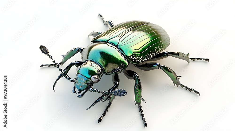 Poster 31. a realistic 3d render of an emerald beetle with a detailed carapace, isolated on a pristine whit