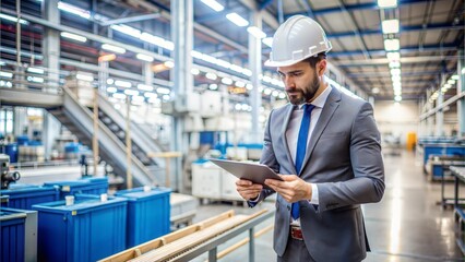 Fototapeta premium Inspector holding a checklist next to products on a production line, bright factory setting, [quality control], [manual product inspection]