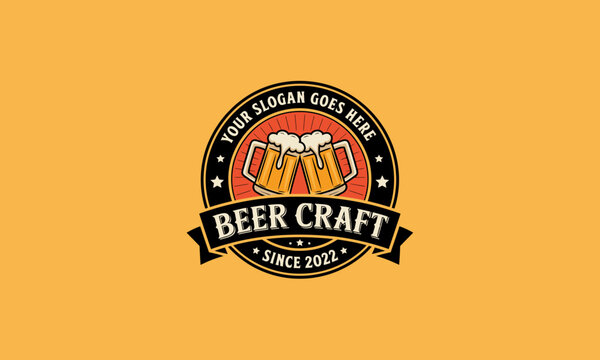 A beer-themed logo with two clinking beer mugs and customizable text. - Powered by Adobe