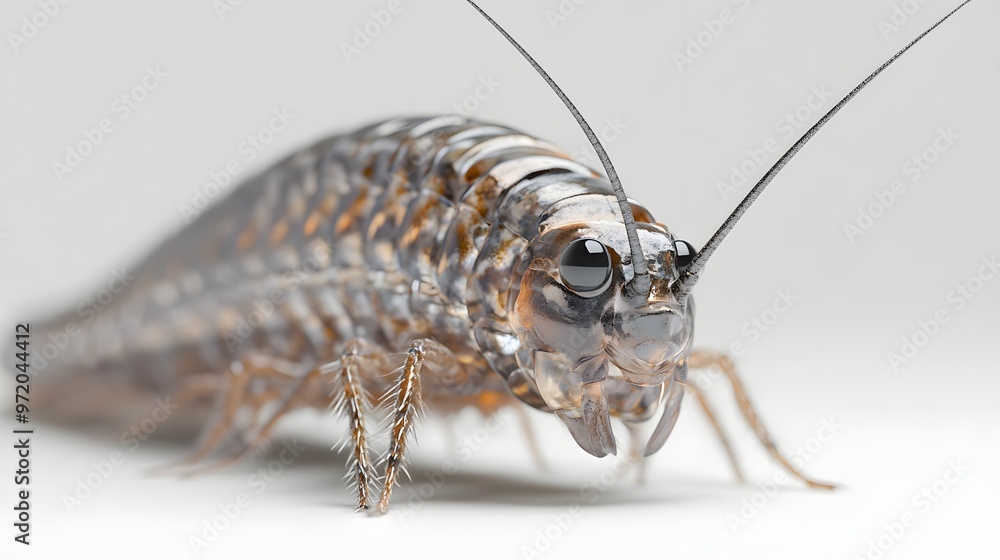Poster 32. a close-up 3d render of a silverfish with detailed scales, isolated on a pristine white backgrou