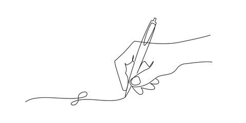 Hand holding pen and writing in one continuous line drawing. Letter and diary concept in simple linear style. School lesson symbol in editable stroke. Doodle outline vector illustration