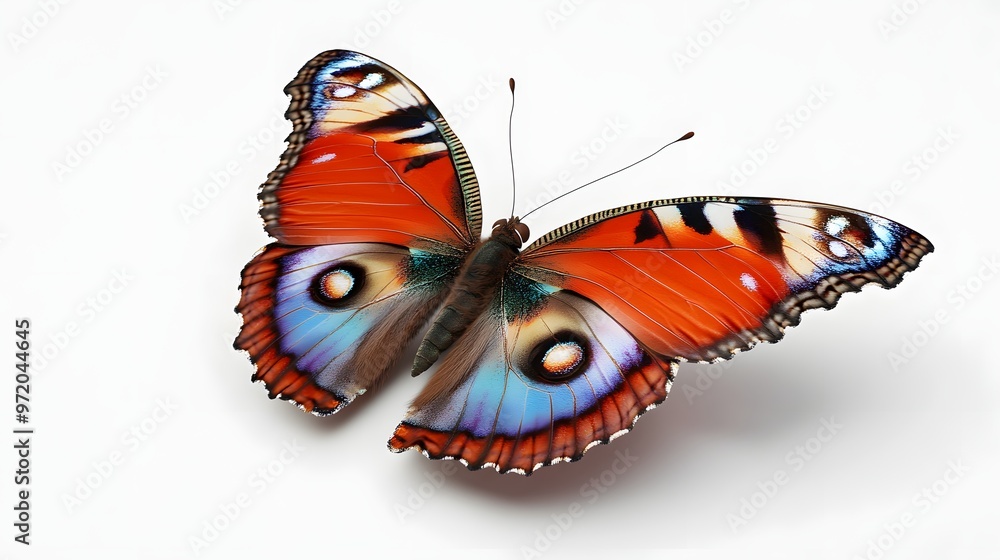 Poster 33. a lifelike 3d render of a peacock butterfly with elaborate wing patterns, isolated on a pristine