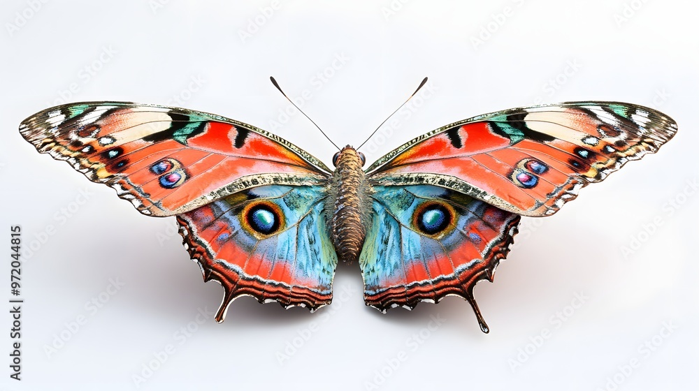 Poster 33. a lifelike 3d render of a peacock butterfly with elaborate wing patterns, isolated on a pristine