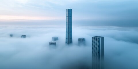 Fototapeta premium A stunning aerial view of skyscrapers emerging from thick clouds under a serene blue sky at dawn.
