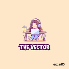 Girl online studying logo, vector, mascot, character, cartoon, illustration, eps10