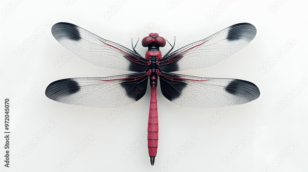 Aufkleber 34. a realistic 3d render of a red and black dragonfly with translucent wings, isolated on a pristin