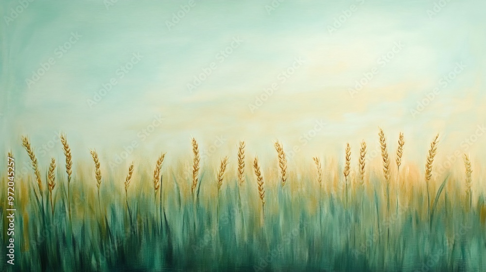 Wall mural A painting of golden wheat stalks with green grass against a light blue and orange sky.