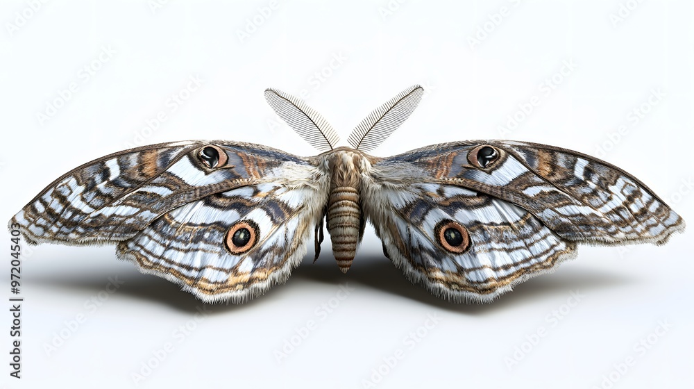 Poster 12. a realistic 3d render of a silk moth with detailed textures and patterns, isolated on a pristine