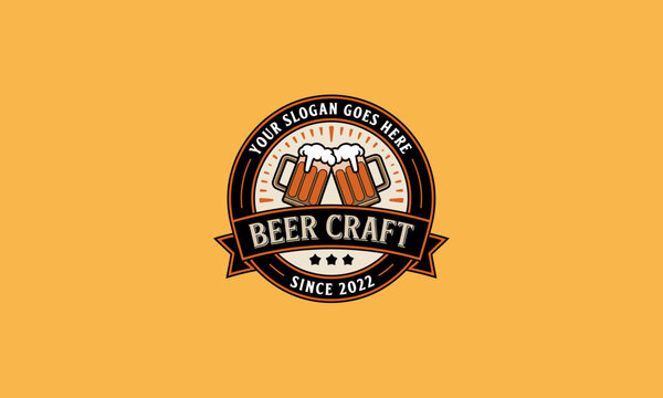 A beer-themed logo with two clinking beer mugs and customizable text. - Powered by Adobe