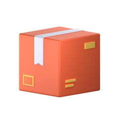 Obraz premium 3D illustration of an orange package box with a white label and yellow details, symbolizing shipping or delivery. The simple design is ideal for representing logistics, e-commerce, or postal services.