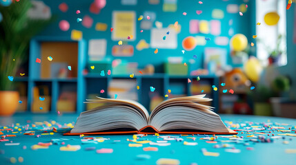 An open book with colorful decorations on vibrant classroom background symbol Knowledge Day Celebration with Copy space