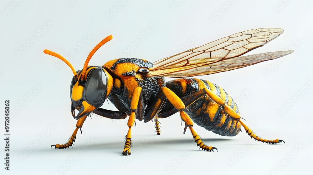 Poster 14. a close-up 3d render of a sleek hornet with detailed patterns, isolated on a pristine white back
