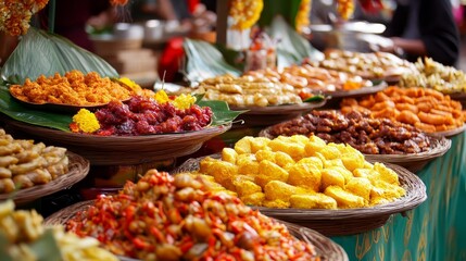 Fototapeta premium Vibrant Display of Traditional Festival Foods with Bright Colors and Tempting Treats