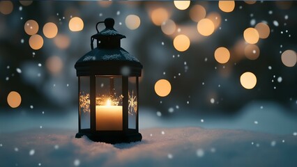 A glowing lantern in the snow casts a warm light, surrounded by soft bokeh and falling snowflakes, creating a peaceful winter scene