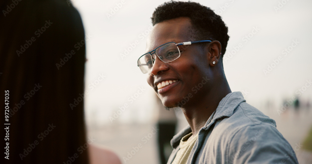 Canvas Prints Beach, smile and couple with love, happiness and travel with summer holiday, honeymoon and care. Seaside, ocean and man with woman, vacation and bonding together with adventure, trust and calm