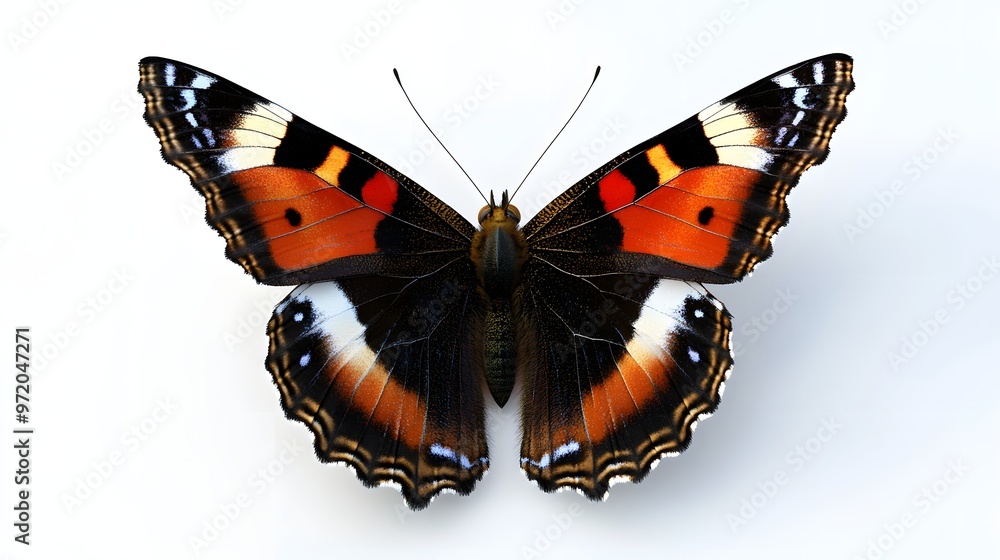 Poster 20. a realistic 3d render of a red admiral butterfly with striking wing patterns, isolated on a pris