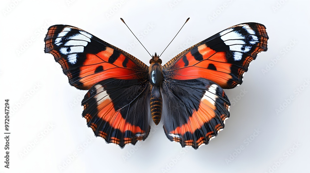 Poster 20. a realistic 3d render of a red admiral butterfly with striking wing patterns, isolated on a pris