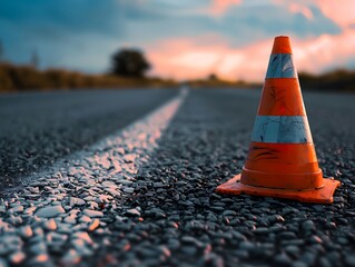 Traffic cone on the asphalt road with blue sky and clouds background