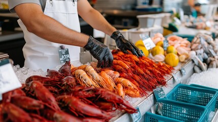 Sustainable seafood market promoting eco-friendly fish variety, healthy marine products. AI generated