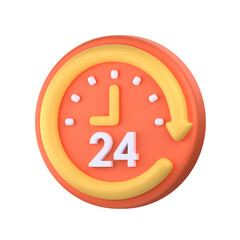 3D icon of a clock with a yellow arrow encircling it, symbolizing 24-hour service or availability. The bright orange background and large 