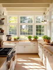 A bright and airy kitchen featuring wooden countertops and sunlight streaming through large windows, creating a warm and inviting cooking environment.