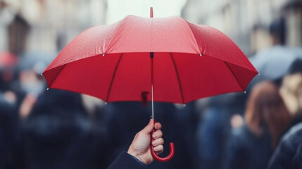 businessman holding a red umbrella stands out in a crowd, symbolizing leadership, protection, and individuality amidst the sea of people