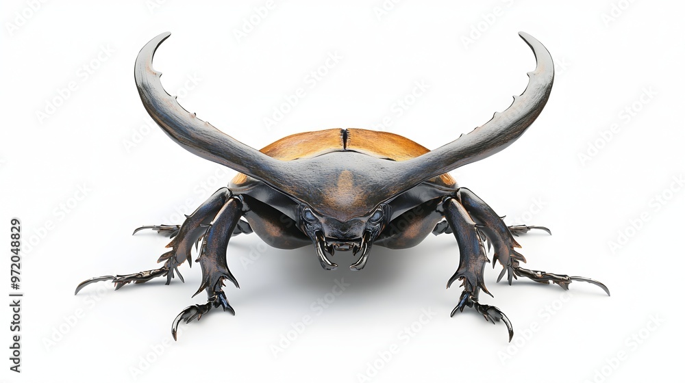 Poster 26. a realistic 3d render of a hercules beetle with large horns, isolated on a pristine white backgr