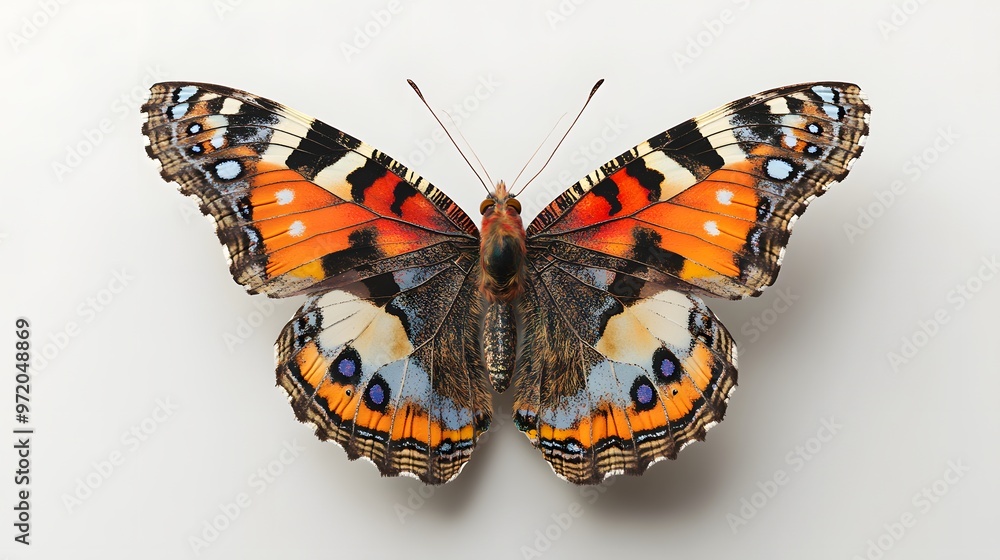 Poster 25. a lifelike 3d render of a painted lady butterfly with colorful patterns, isolated on a pristine 