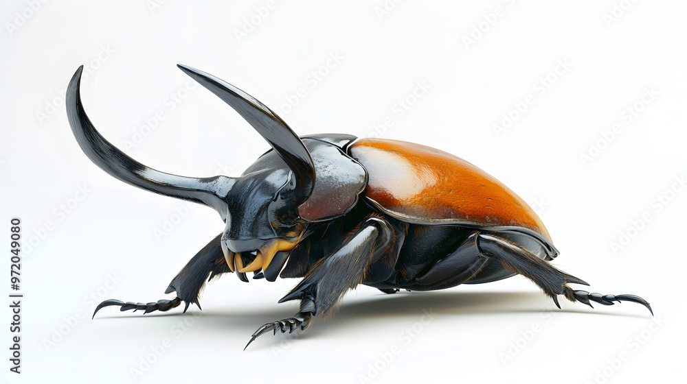 Poster 26. a realistic 3d render of a hercules beetle with large horns, isolated on a pristine white backgr