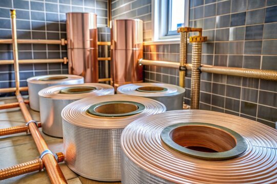 "Rolls of insulated heat tape wound around copper water pipes in a bathroom, attached with electrical tape, waiting to be installed at Menards"